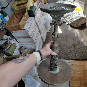 vintage ornate metal candlestick holder or decorative pillar stand. 19" X 10"